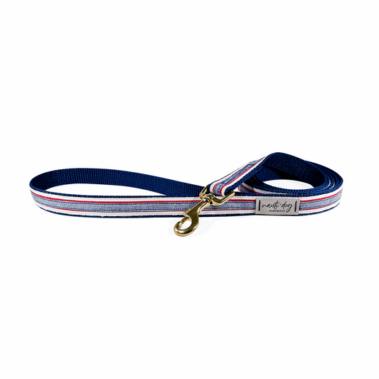 Nauti-dog Handmade premium durable ribbon dog leash with brass hardware in navy and red stripes