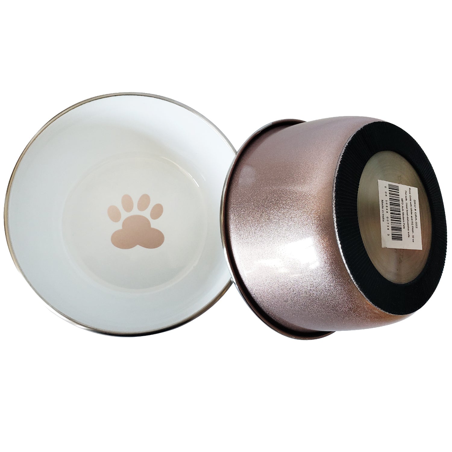 Durable rose gold dog dish featuring a sleek design and a paw print interior for stylish pet feeding