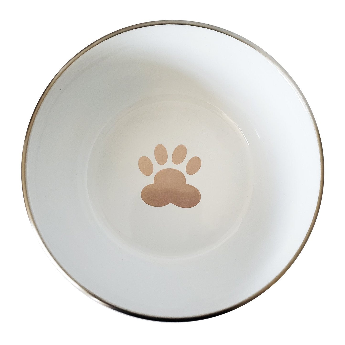 Durable rose gold dog dish with a paw print design, ideal for stylish pet feeding