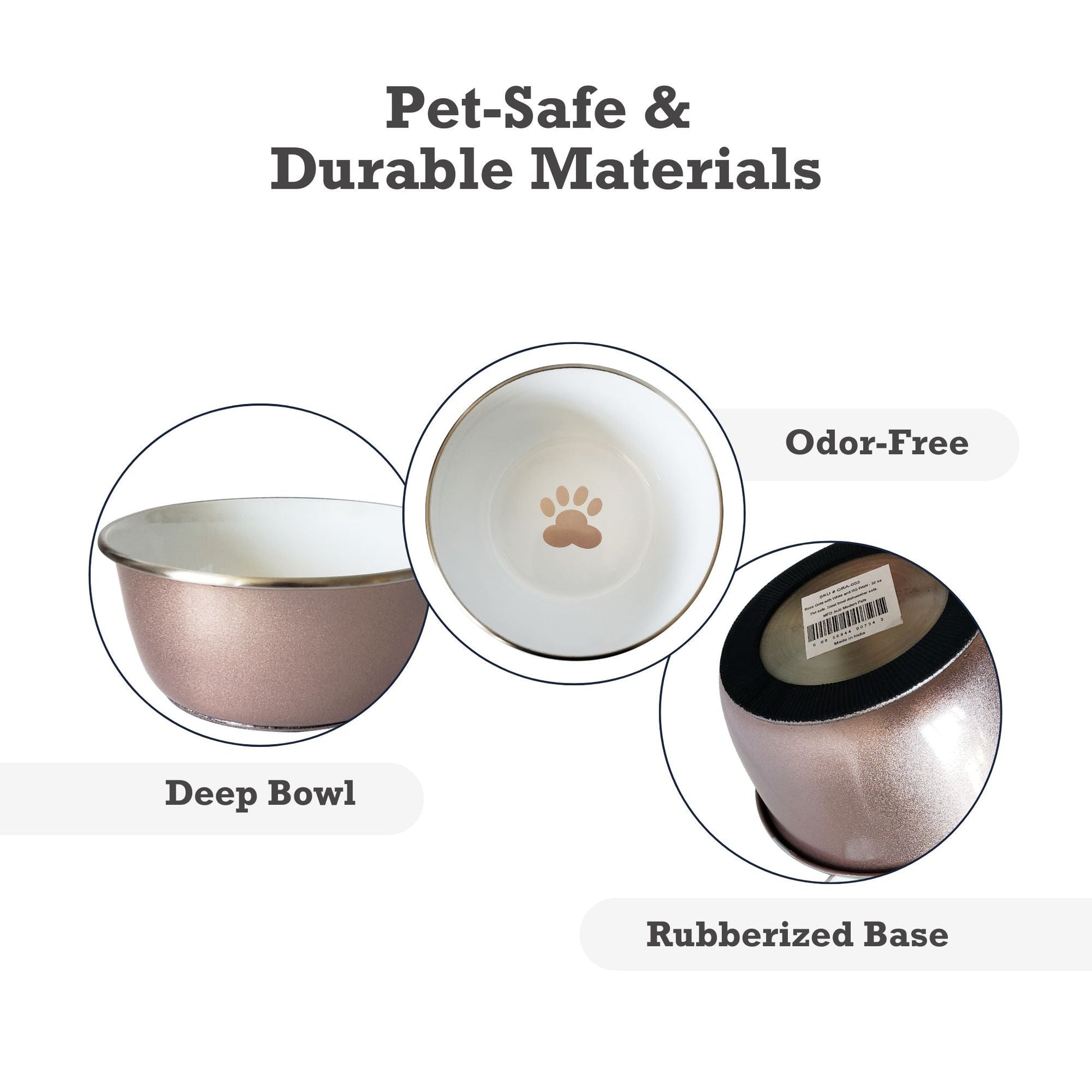 Durable rose gold dog dish with a deep bowl, rubberized base, and odor-free pet-safe materials