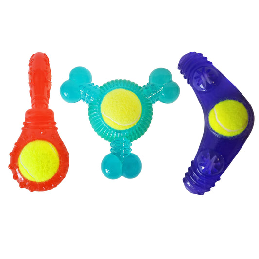 Durable tennis ball toys for dogs in red, blue, and green designs for interactive play
