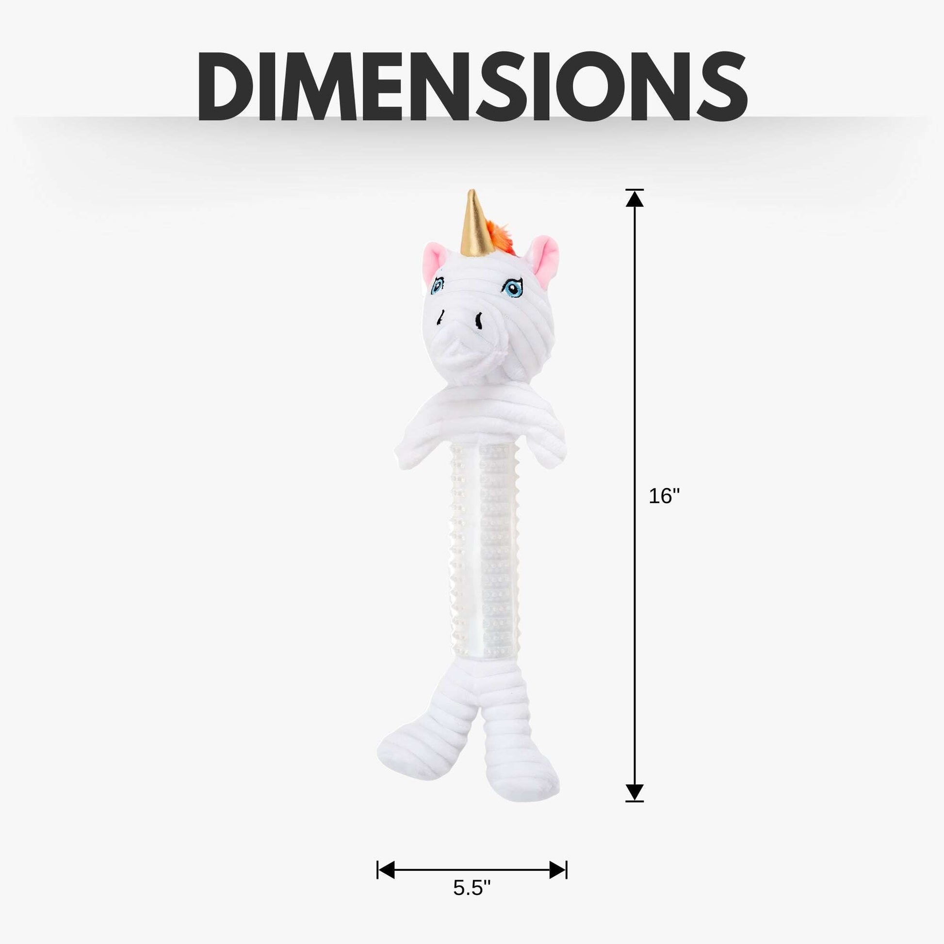 Durable unicorn plush for dogs with a squeaker, measuring 16 inches tall and 5.5 inches wide