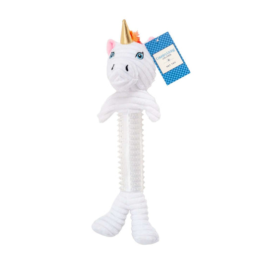 Durable unicorn plush for dogs featuring soft fabric and a squeaky toy design