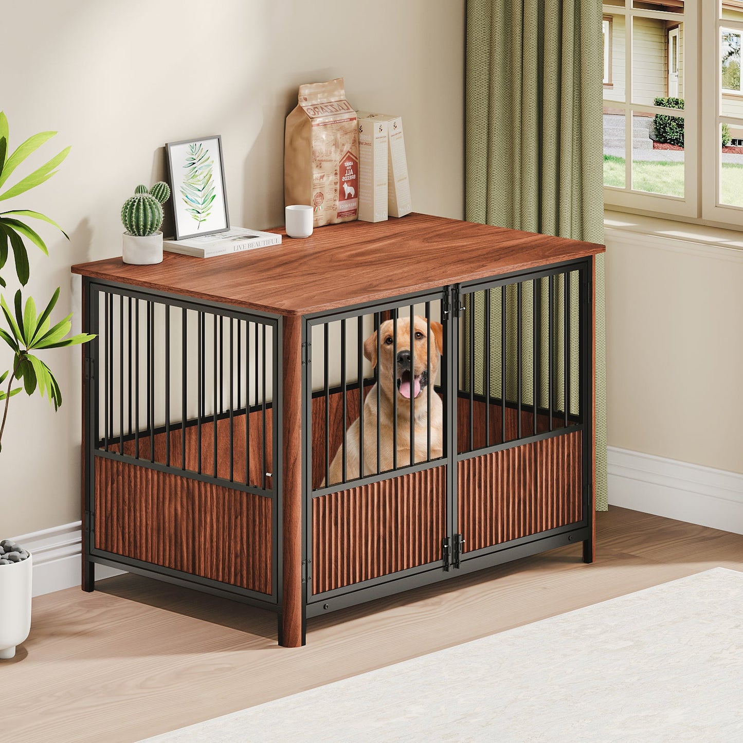 Purrfect Pet Kingdom 43'' Walnut Fluted Wood Furniture Style Dog Crate for Large (Default) - Premium Dog Houses