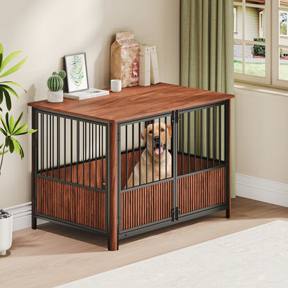 Purrfect Pet Kingdom 43'' Walnut Fluted Wood Furniture Style Dog Crate for Large (Default) - Premium Dog Houses