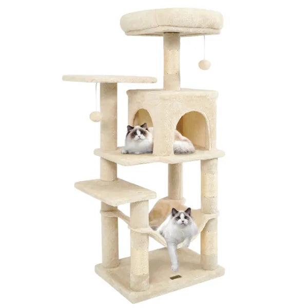 44-Inch Multi-Level Cat Tree Tower with Plush Top Perch Bed by Purrfect Pet Kingdom; beige sisal tower with two cats.