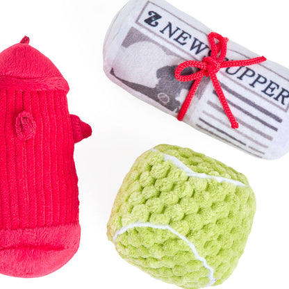 Dog's Best Friends Miniz Tennis Ball, Fire Hydrant, Newspaper Plush Dog Toy Set - 3 Pack