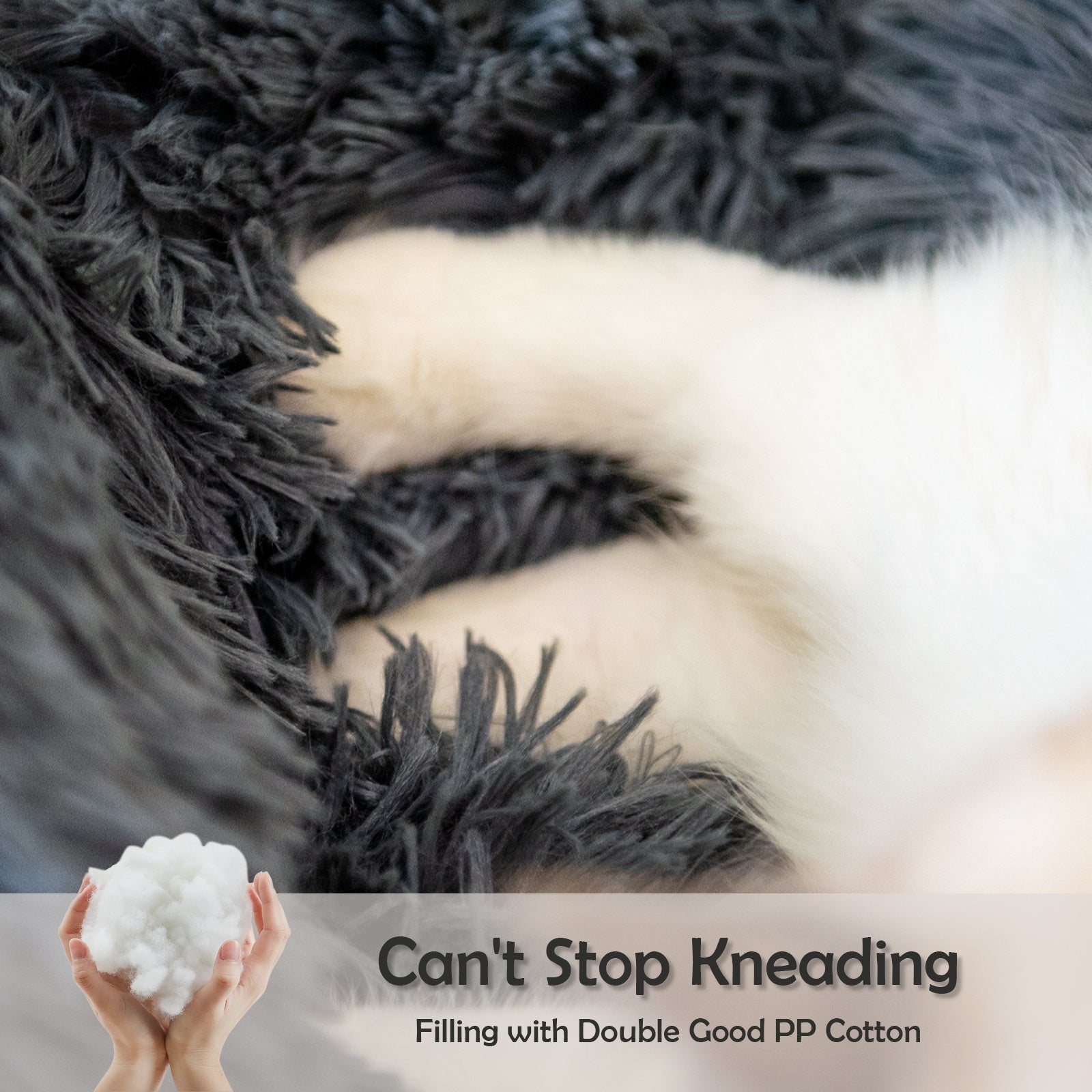 Close-up of a white cat's paw kneading a dark gray shaggy plush Estely pet bed filled with soft PP cotton.