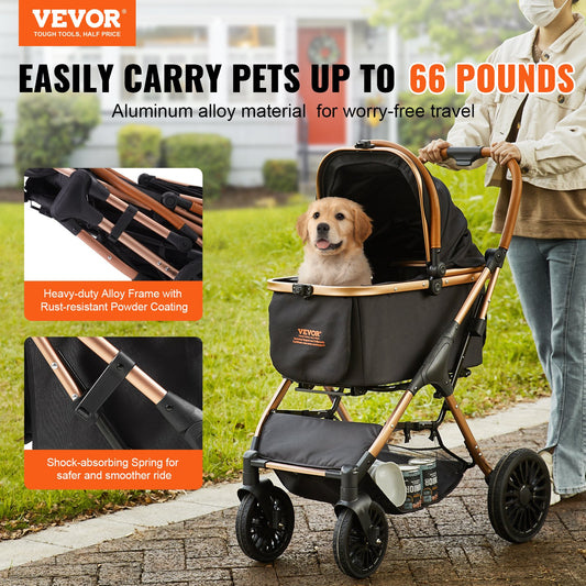 4-Wheel Pet Stroller - 66lbs Capacity Dog Travel Carriage