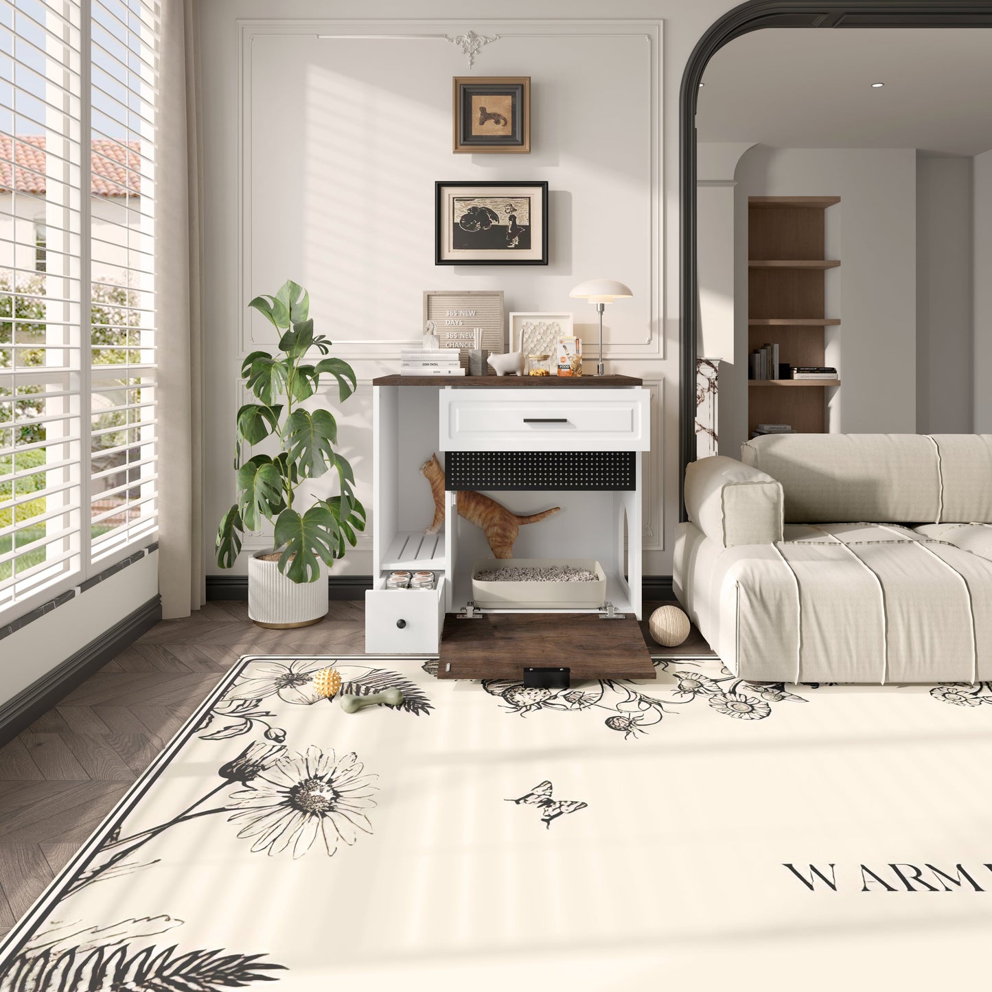 Cat Litter Box Enclosure, Indoor Hidden Cat Litter Box Furniture with 2 Drawers and Door, Cat House End Table for Living room, White and Brown