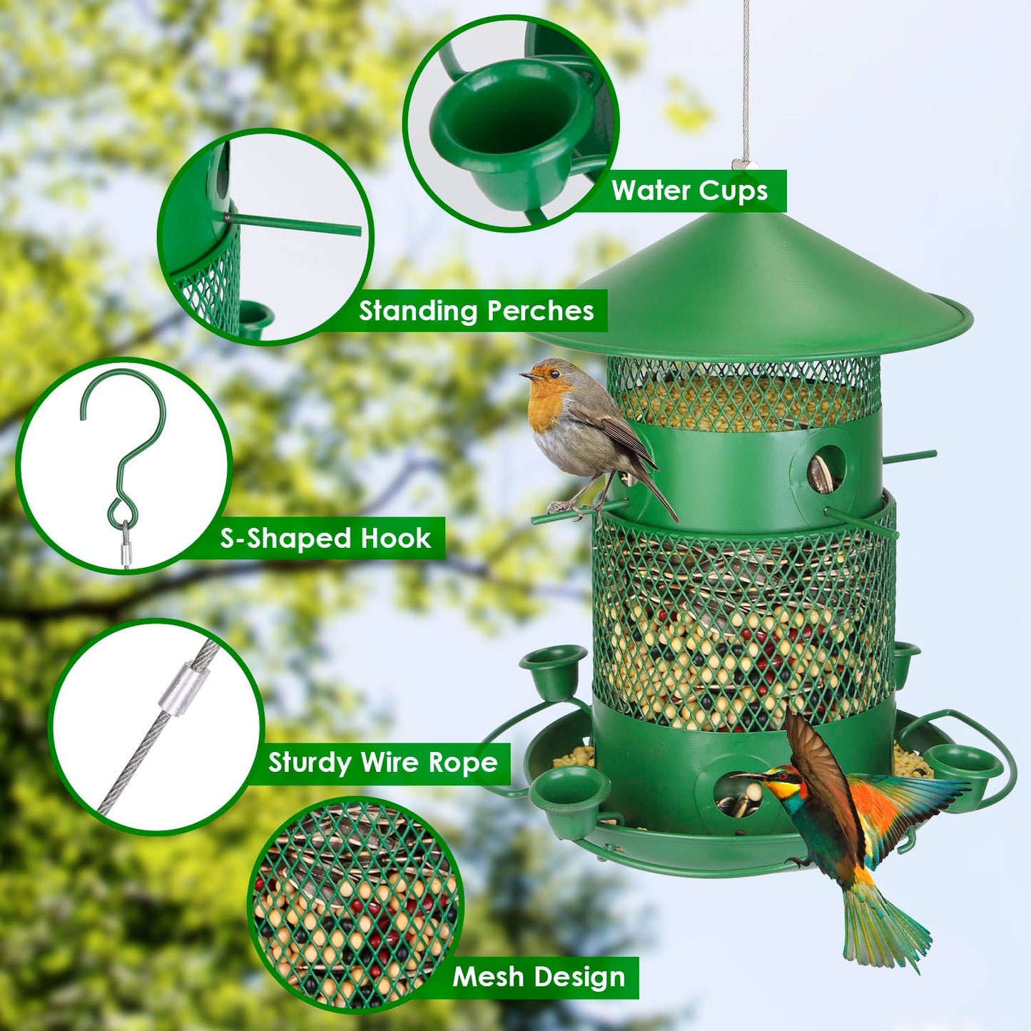 Wild Bird Feeder Squirrel-Proof Chew-Proof Metal Bird Seed Feeder Outdoor Hanging Bird Feeder With 360¡ Circular Perches Water Cups For Yard Garden Pa