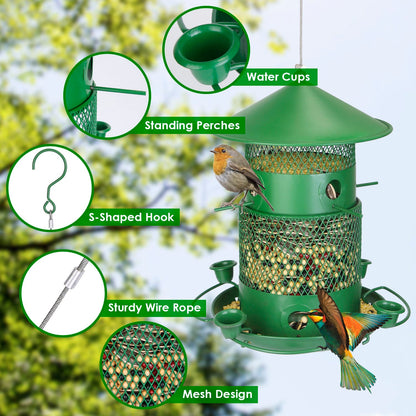 Wild Bird Feeder Squirrel-Proof Chew-Proof Metal Bird Seed Feeder Outdoor Hanging Bird Feeder With 360¡ Circular Perches Water Cups For Yard Garden Pa