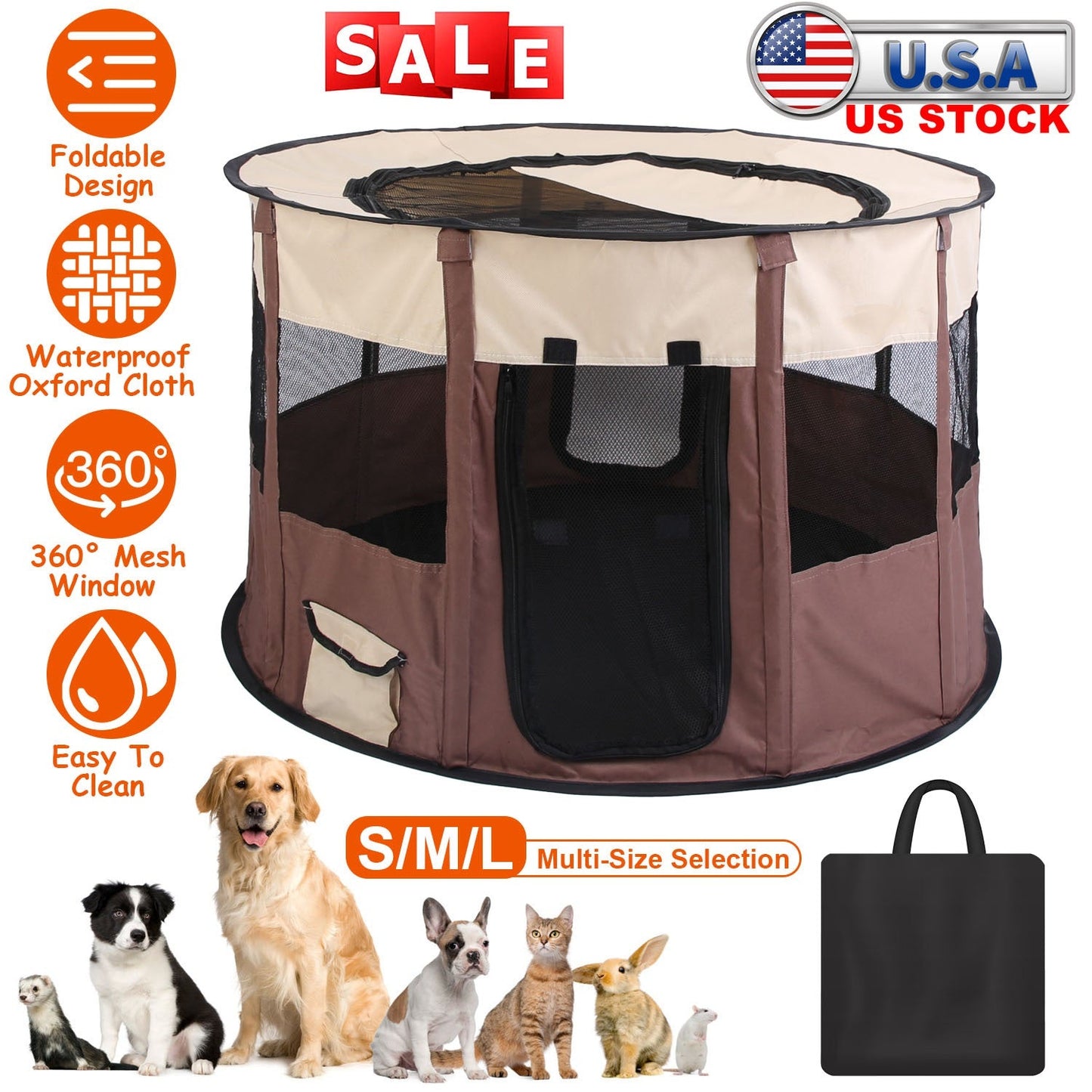 Foldable Playpen for Dog with Carry Bag Portable Travel Waterproof Indoor Outdoor Pet Cage Tent Detachable Upper Cover For Dog Cat Rabbit
