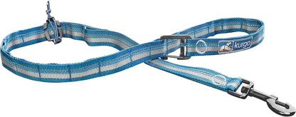 Blue Kurgo adjustable nylon dog leash featuring a reflective grey stripe and a heavy-duty metal swivel bolt snap.