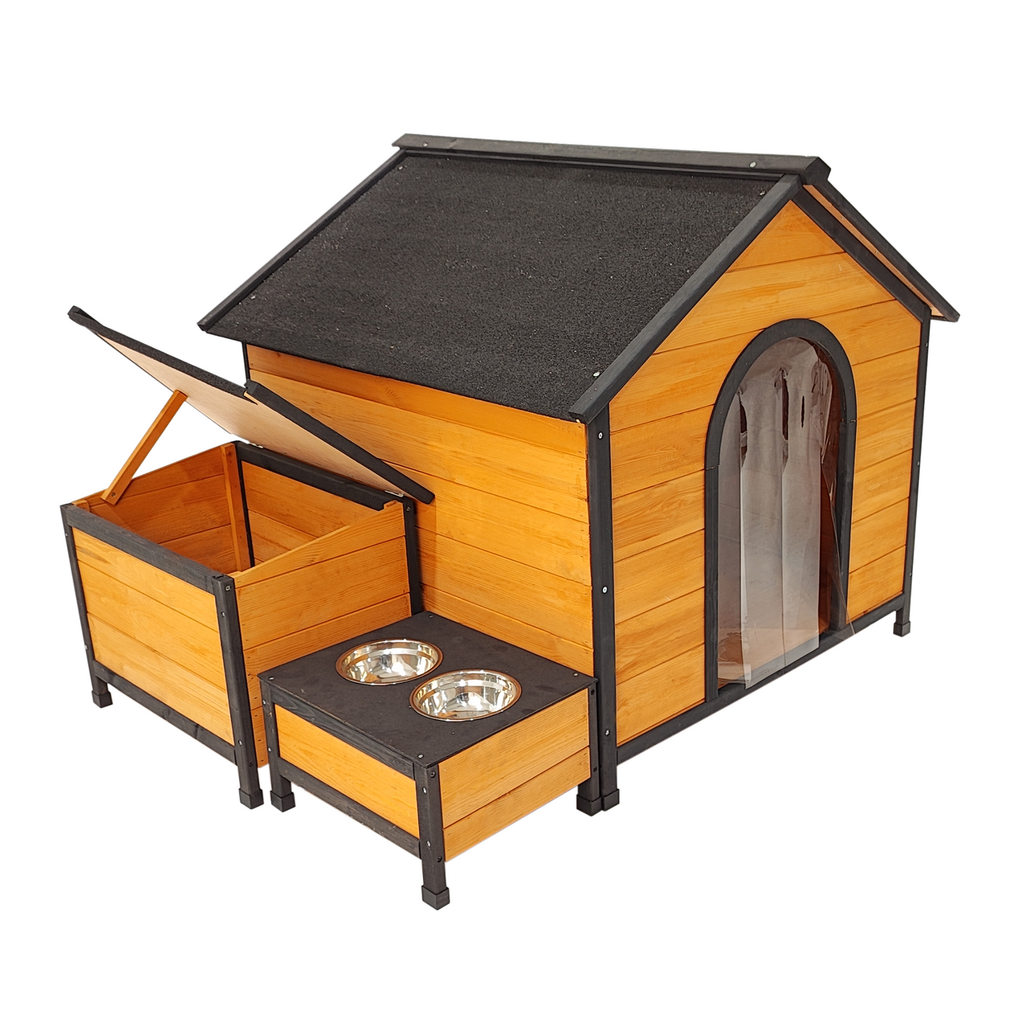 XPT088 Wearable and Strong Wooden Dog House with Metal Bowls