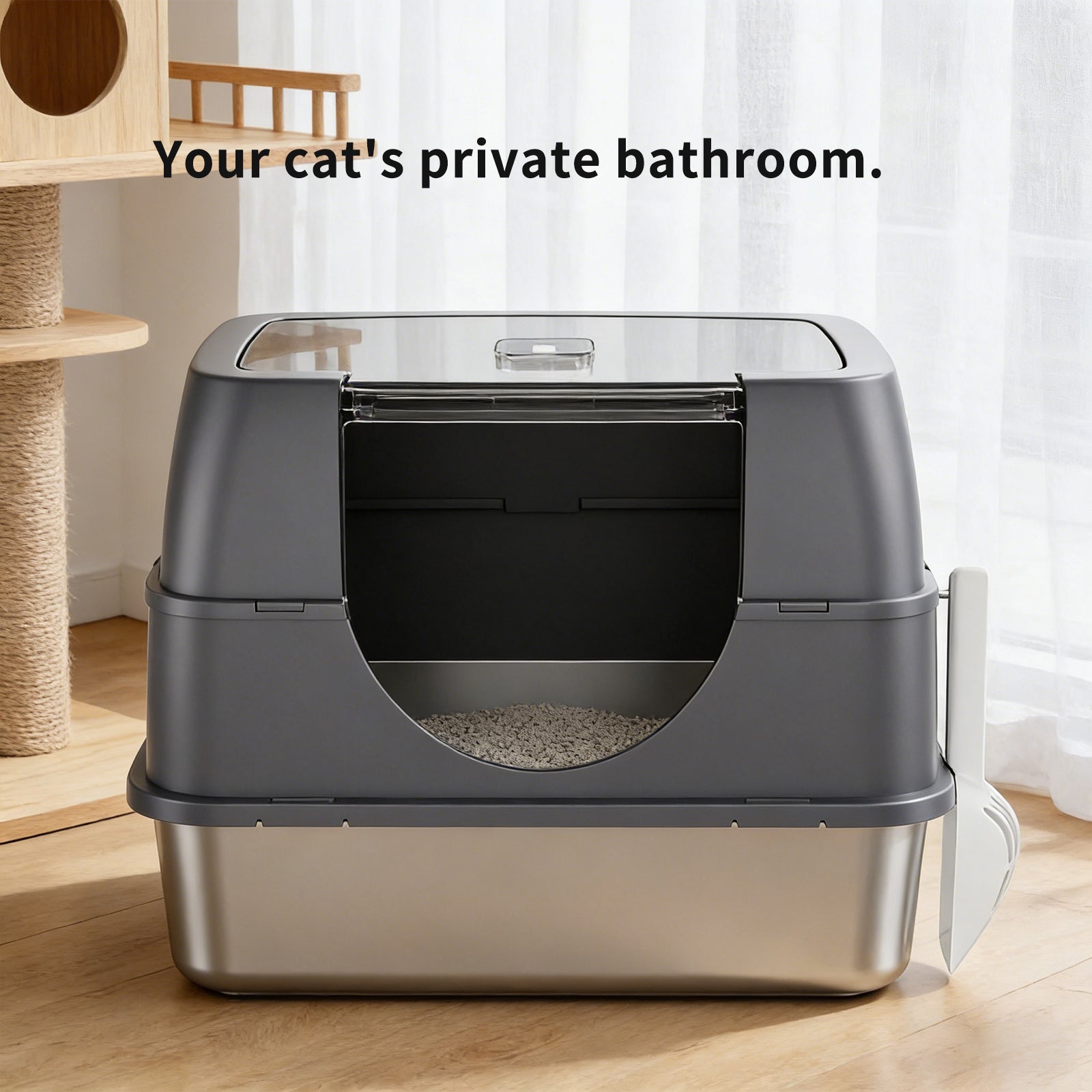 Purrfect Pet Kingdom Dark Gray Top Entry Fully Enclosed Cat Litter Box, With Free (GREY) - Premium Cat Litter & Accessories