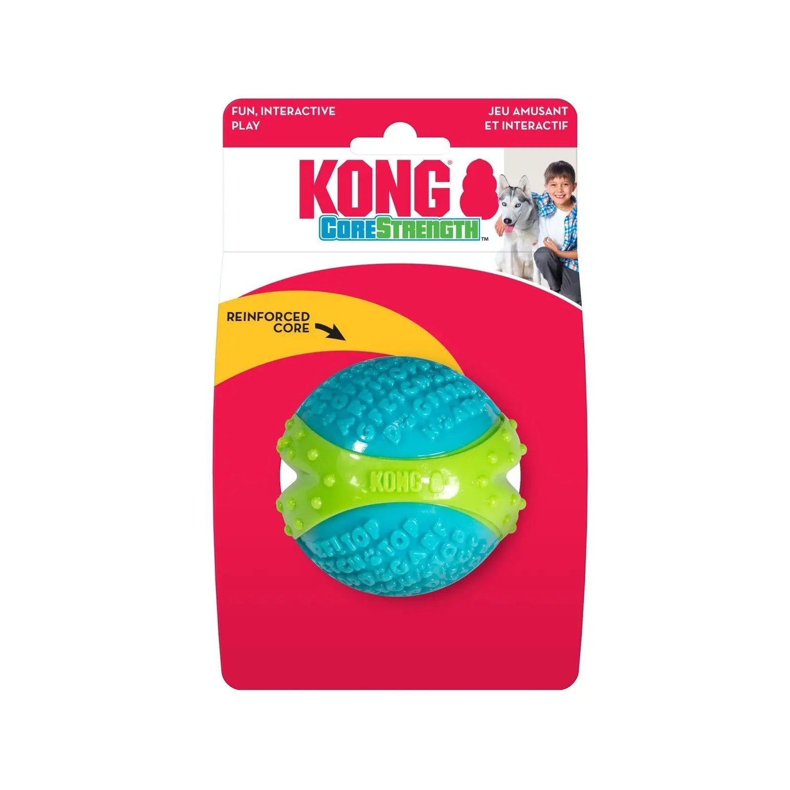 KONG CoreStrength dog toy packaging with a blue and green ball on a red background