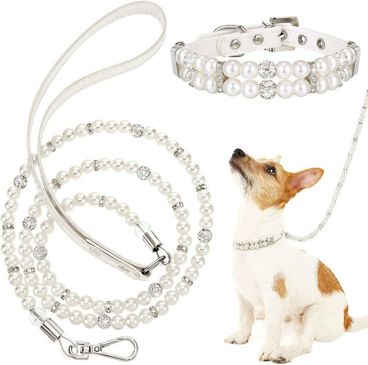 Dog Collar Leash Set Pearl 2 Pcs Necklace PU Leather 💎