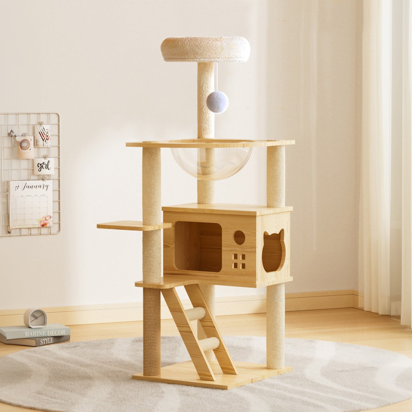 HouseOfZazla 48.8" modern wooden cat tower with 5 levels, clear bowl hammock, condo, and sisal posts. No cats present.
