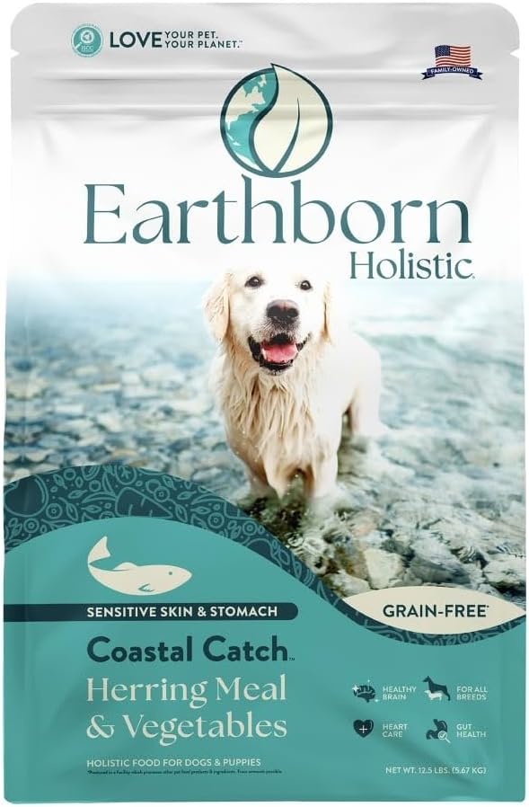 Earthborn Coastal Catch grain free dog food with herring meal and vegetables for sensitive skin and stomach