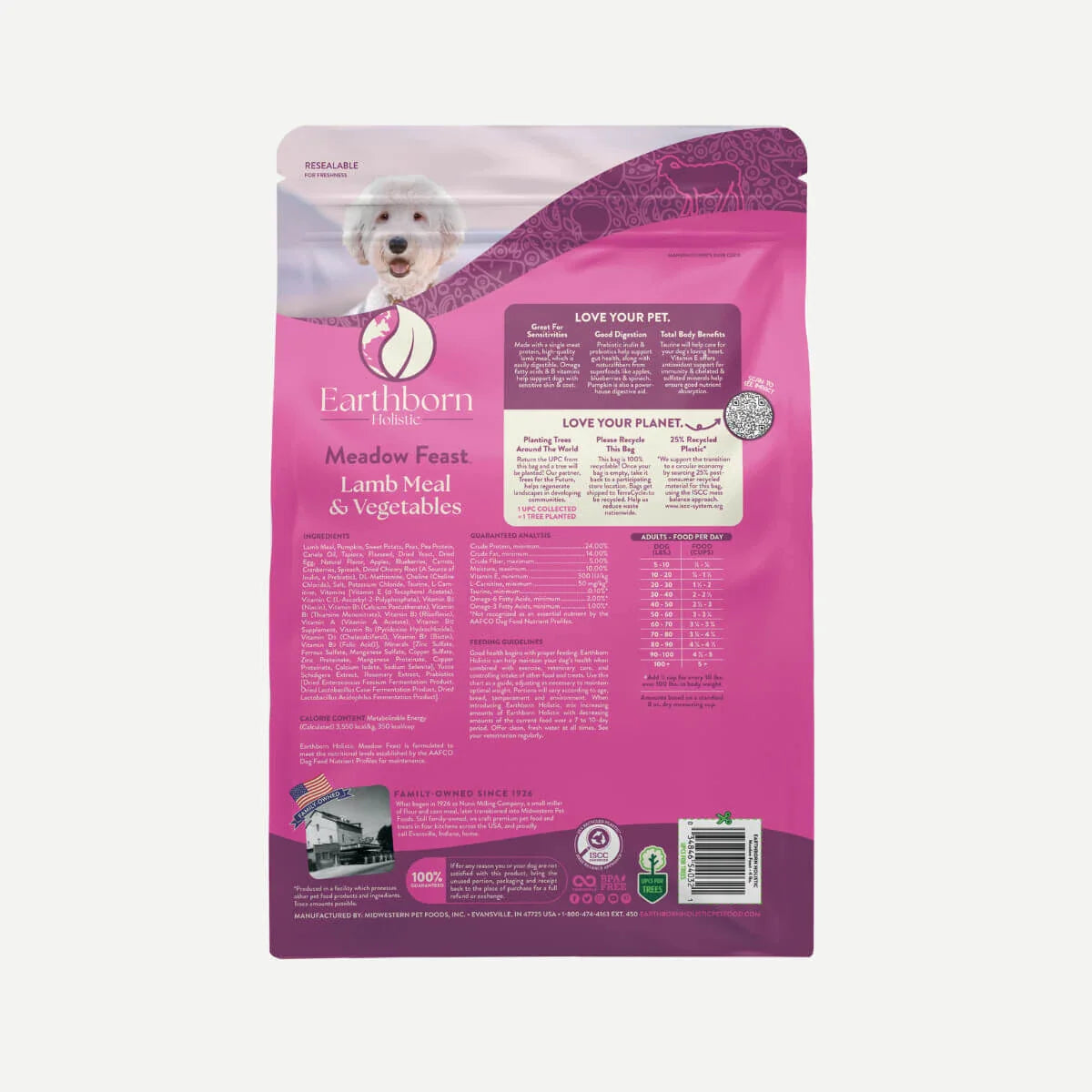 Earthborn Grain Free Dog Food in a Purple Bag with Lamb Meal and Vegetables for Healthy Pets