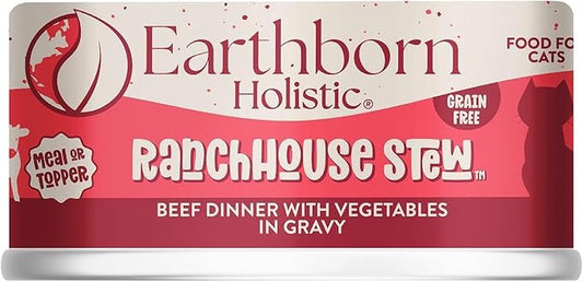 Earthborn RanchHouse Stew cat food featuring beef and vegetables in gravy for a nutritious meal