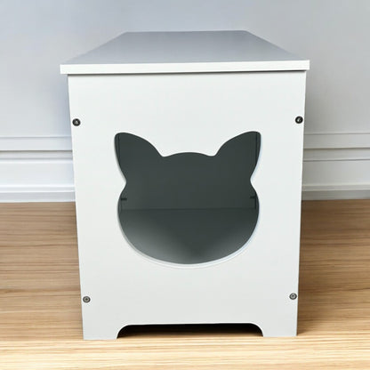 White wooden Purrfect Pet Kingdom top-open litter box enclosure with a cat-head shaped entry cutout.