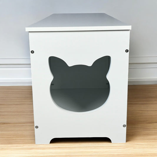 White wooden Purrfect Pet Kingdom top-open litter box enclosure with a cat-head shaped entry cutout.