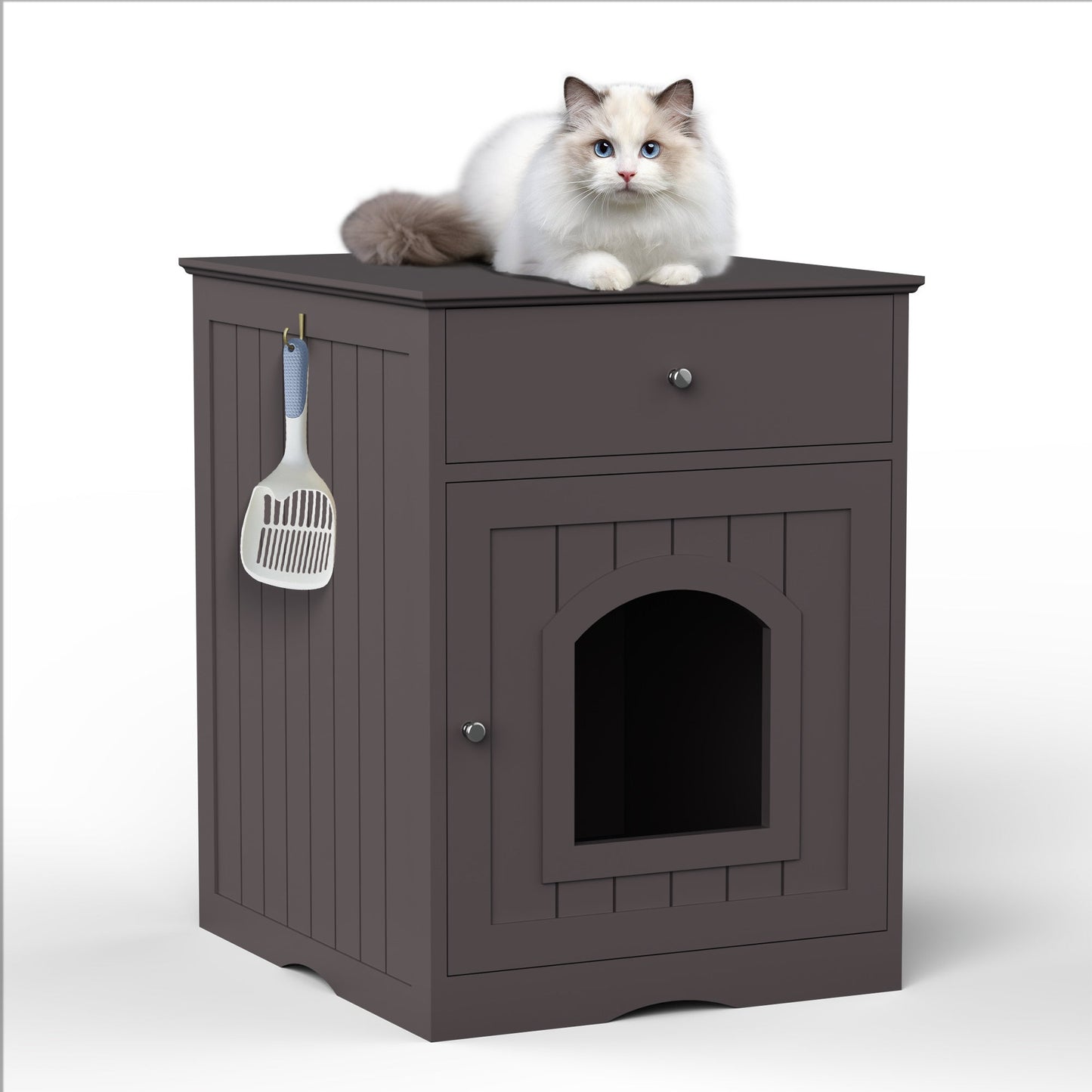 Wooden Pet House Cat Litter Box Enclosure with Drawer, Side