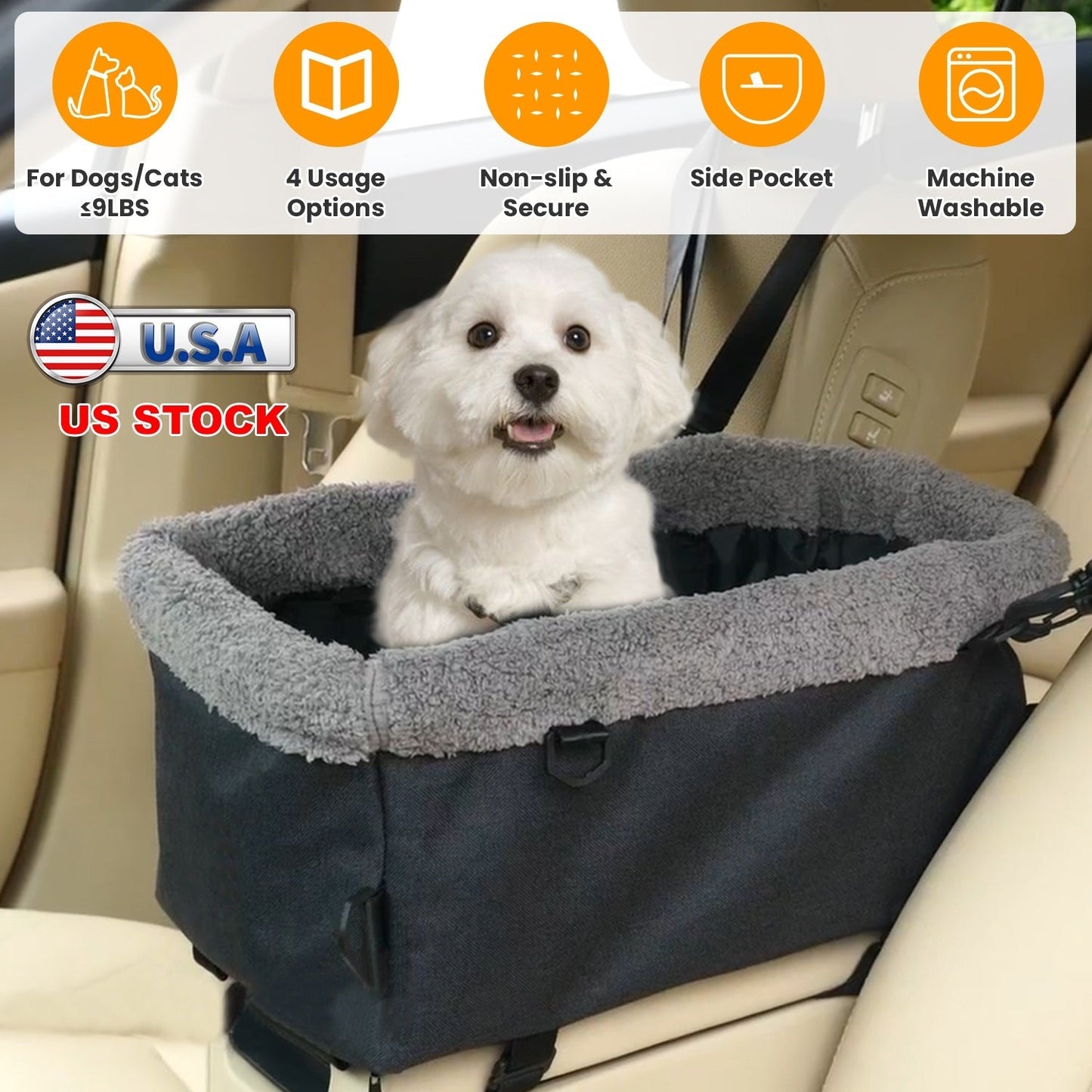Small Dog Car Seat with Harness Center Console Pet Booster