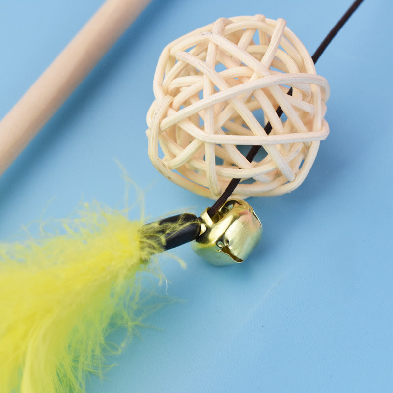 Log Wooden Pole Vine Bal Bell Feather Cat Teaser Stick