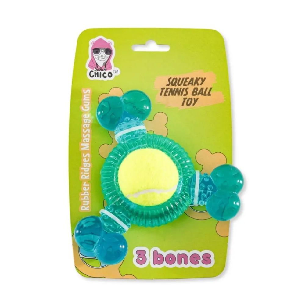 Dog Treats 3-Bone TPR Chew Toy with Squeaker Tennis Ball - detail product image for dog treats