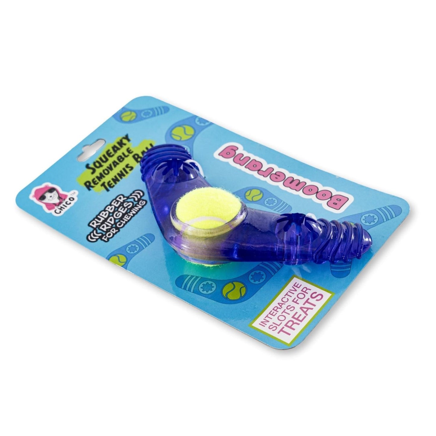 Dog Treats TPR Boomerang Chew Toy with Removable Squeaker - close up product image for dog treats