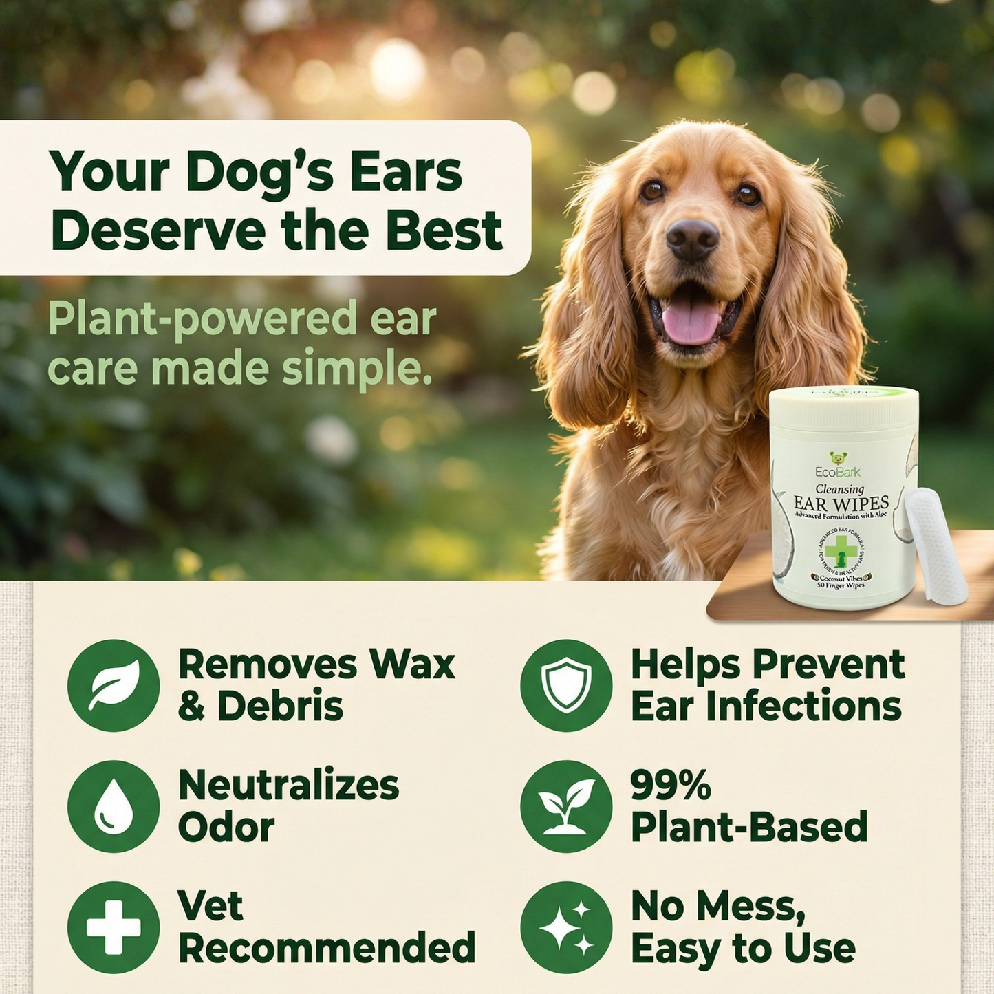 Dog Supply Natural Ear Finger Wipes EcoBark Coconut Essentia - gallery product image for dog supply