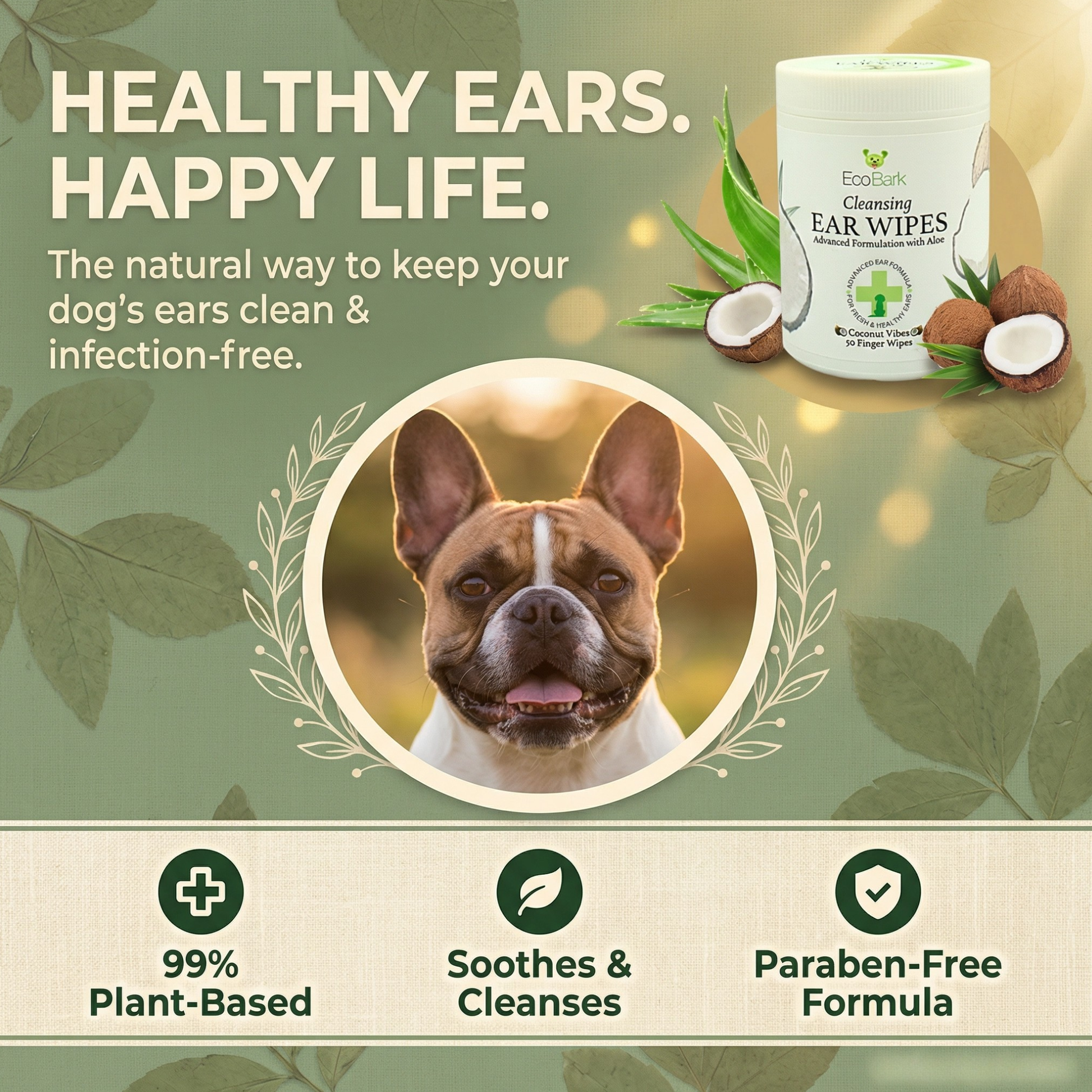 Dog Supply Natural Ear Finger Wipes EcoBark Coconut Essentia - close up product image for dog supply