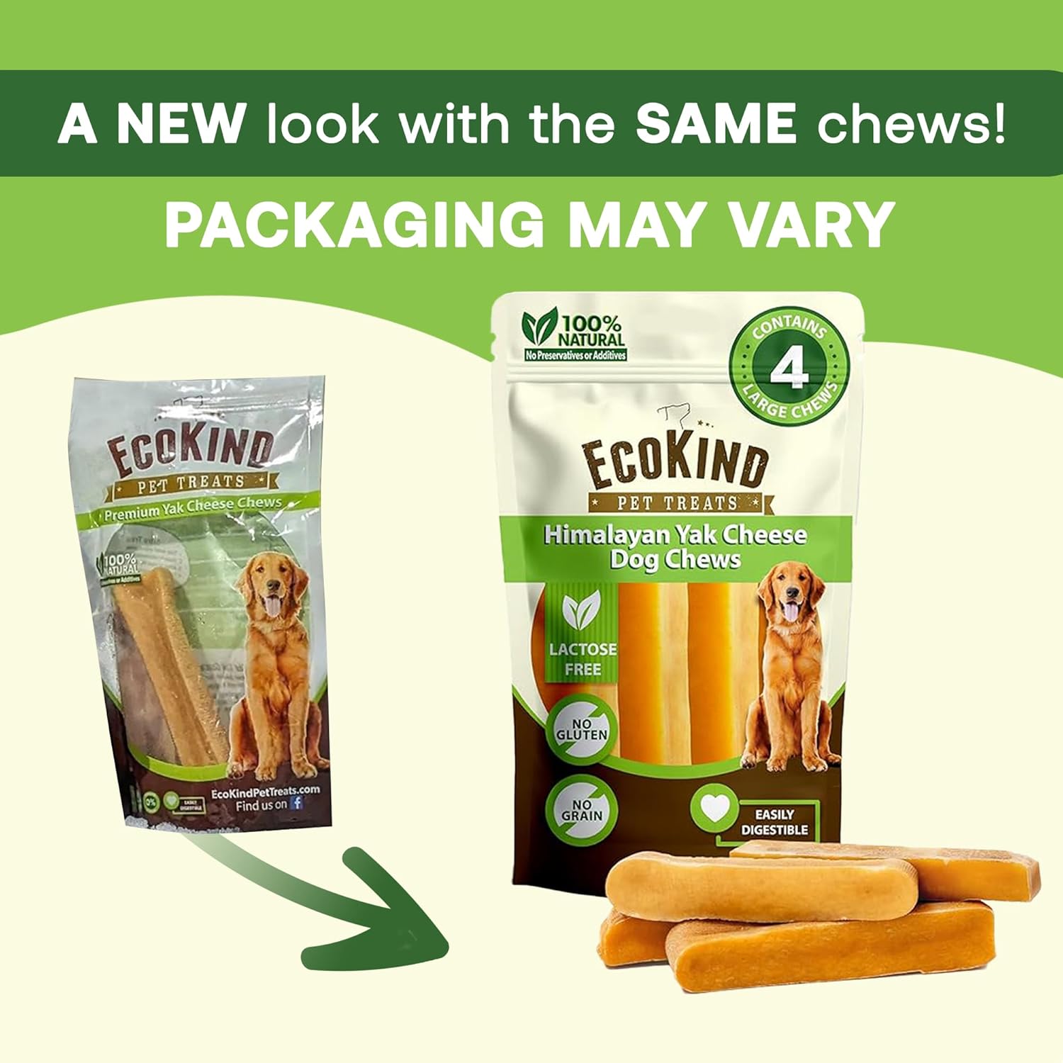 EcoKind Himalayan Yak Cheese Dog Chews in various packaging, offering long-lasting healthy chews for small dogs