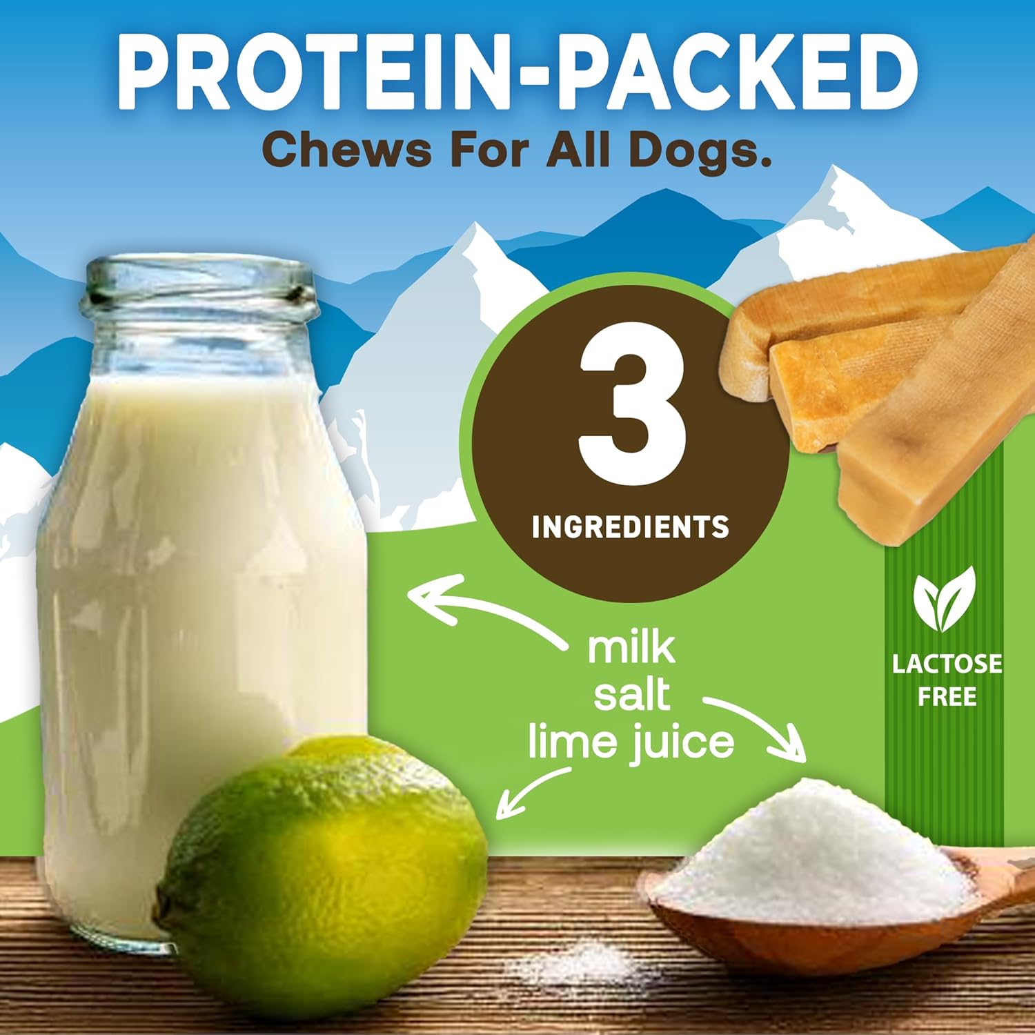 Protein-packed dog treats with three ingredients: milk, salt, and lime juice for long-lasting healthy chews for small dogs