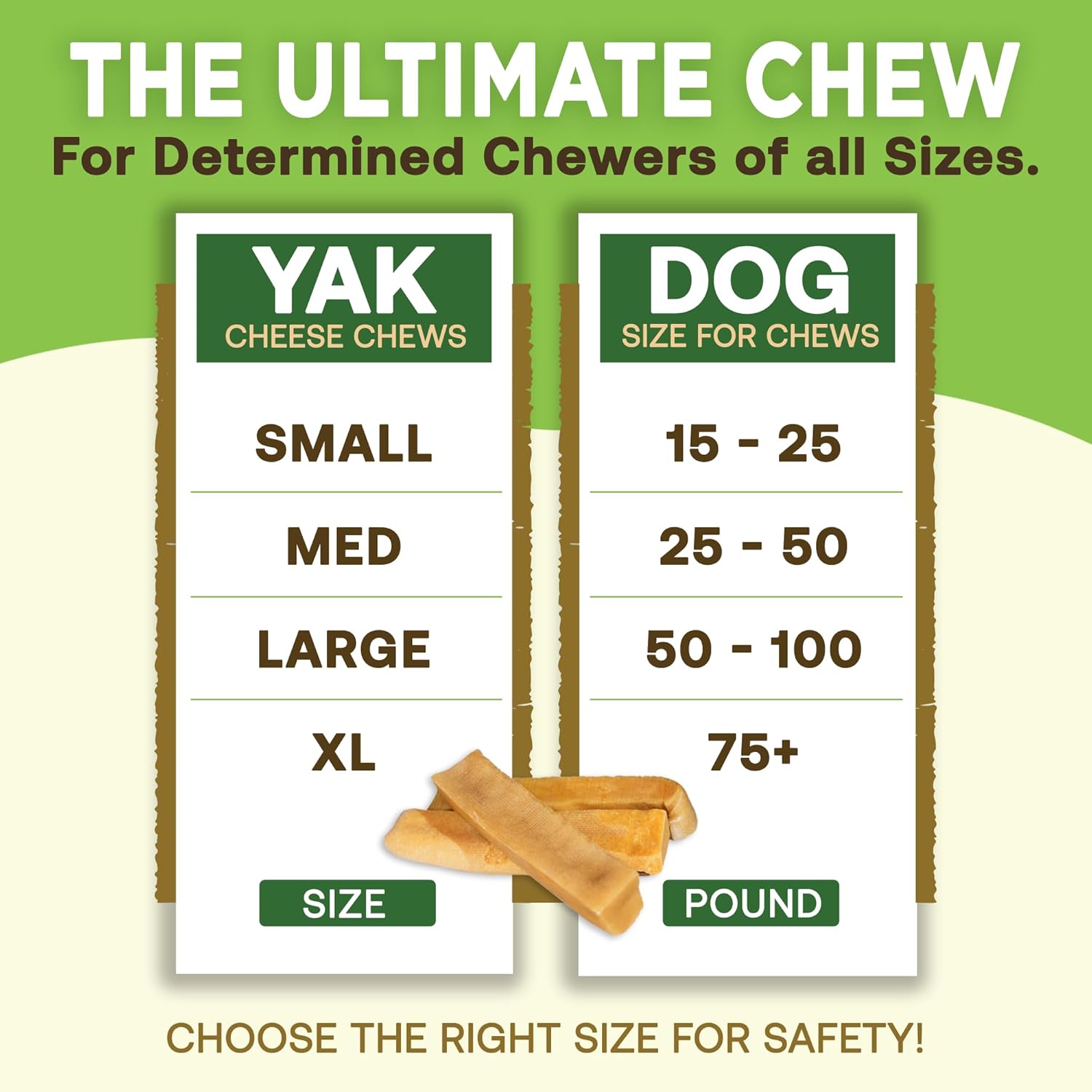 Size guide for WooF WooF MeoW long-lasting healthy chews for small dogs with yak cheese treats.