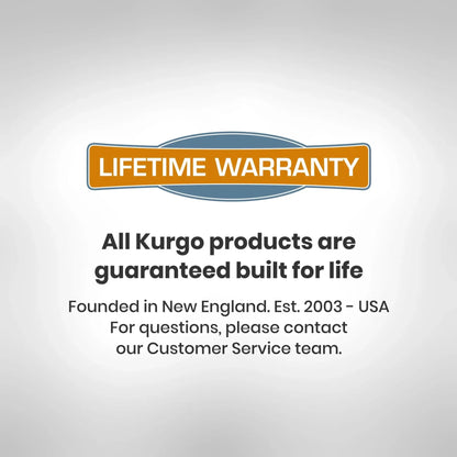 Lifetime Warranty graphic for Kurgo dog harnesses. Orange and blue banner states products are guaranteed built for life.