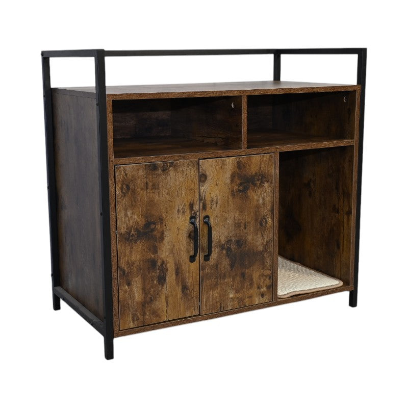 Rustic Brown Wooden Cat Litter Box Enclosure, Spacious Hidden Cat