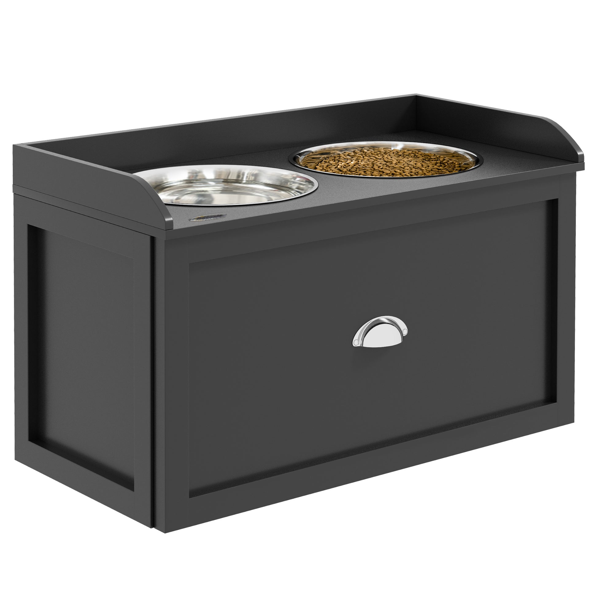 Purrfect Pet Kingdom grey wooden elevated feeder with two stainless steel bowls and a front storage drawer.