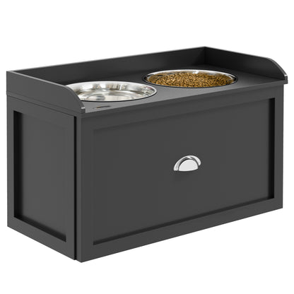 Purrfect Pet Kingdom grey wooden elevated feeder with two stainless steel bowls and a front storage drawer.