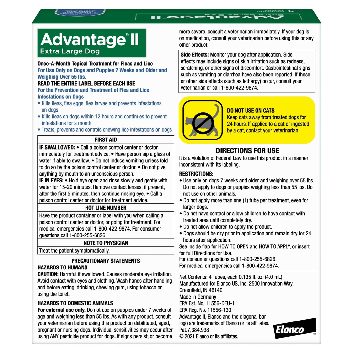 Advantage II waterproof flea medicine extra large dog packaging with usage directions and precautions