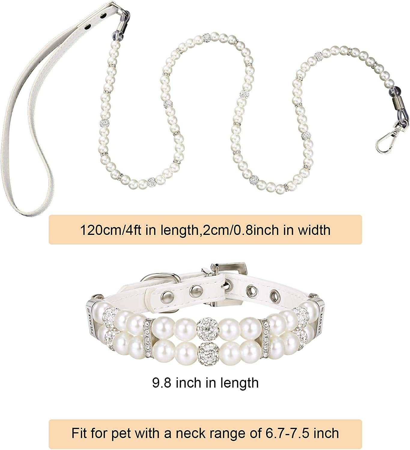 Elegant dog leash with pearls in white, 4ft long, paired with a matching pearl collar