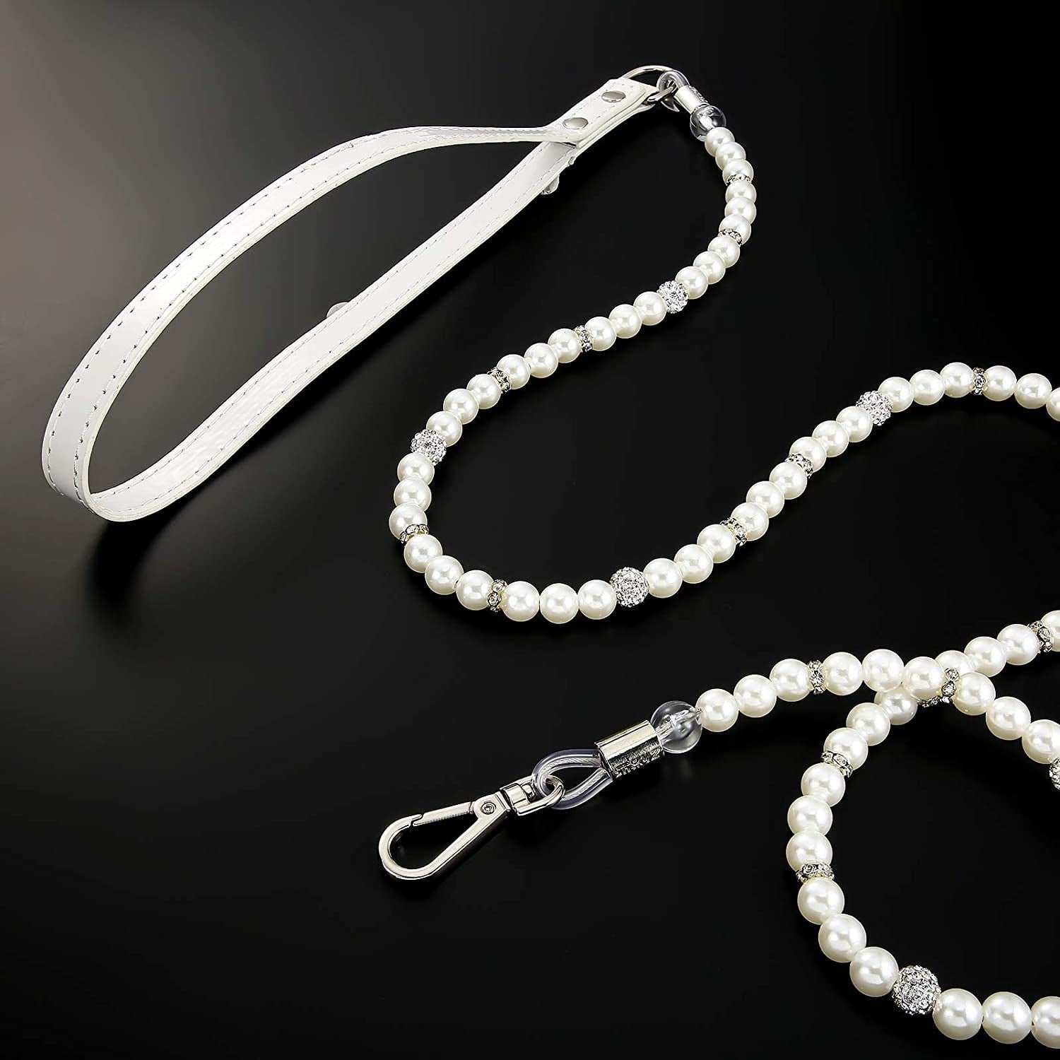 Elegant dog leash with pearls featuring a stylish white strap and shiny embellishments