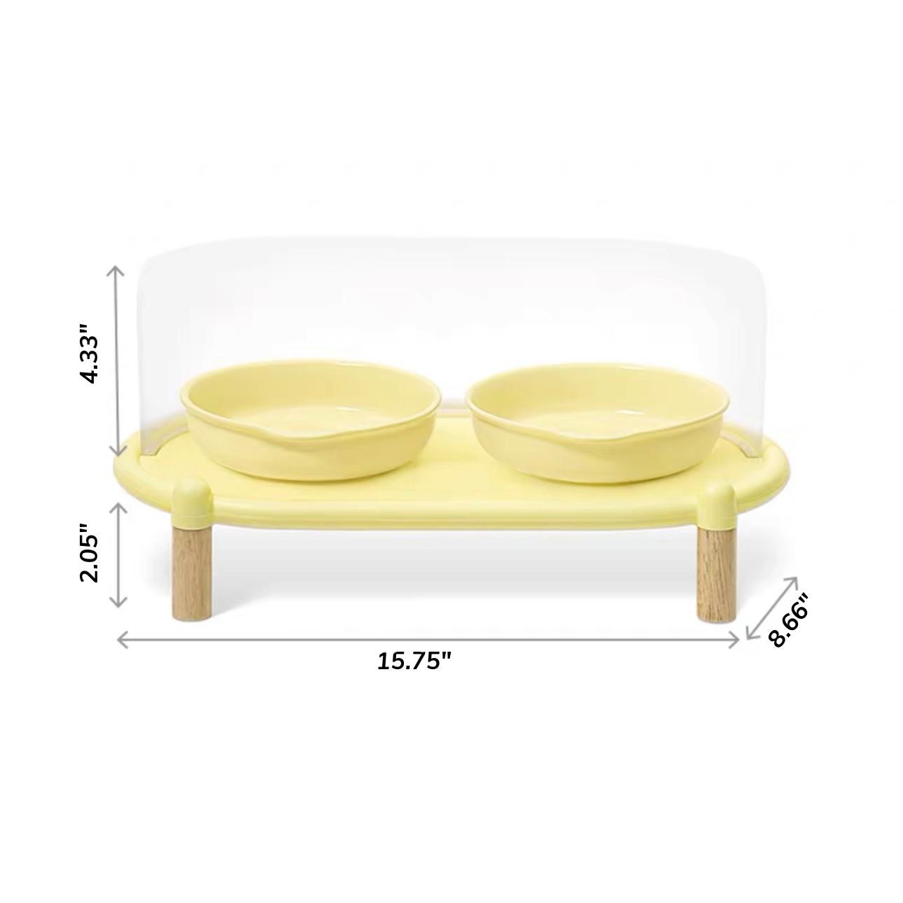MangoPets elevated cat dining table in yellow with two bowls and wooden legs for comfortable feeding