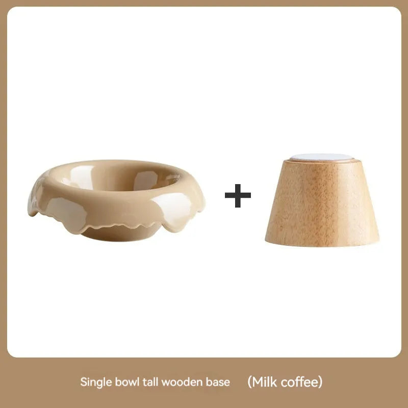 Elevated Ceramic Cat Food Bowl 250ml in Cow's Milk Coffee color with a wooden base by Pet Zen, budget-friendly for pets.