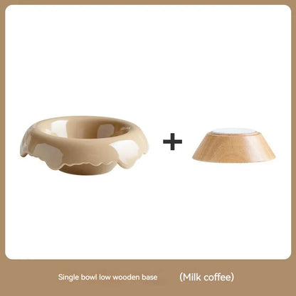 Elevated Ceramic Cat Food Bowl 250ml in Cow's Milk Coffee color with a wooden base by Pet Zen, budget-friendly for pets.
