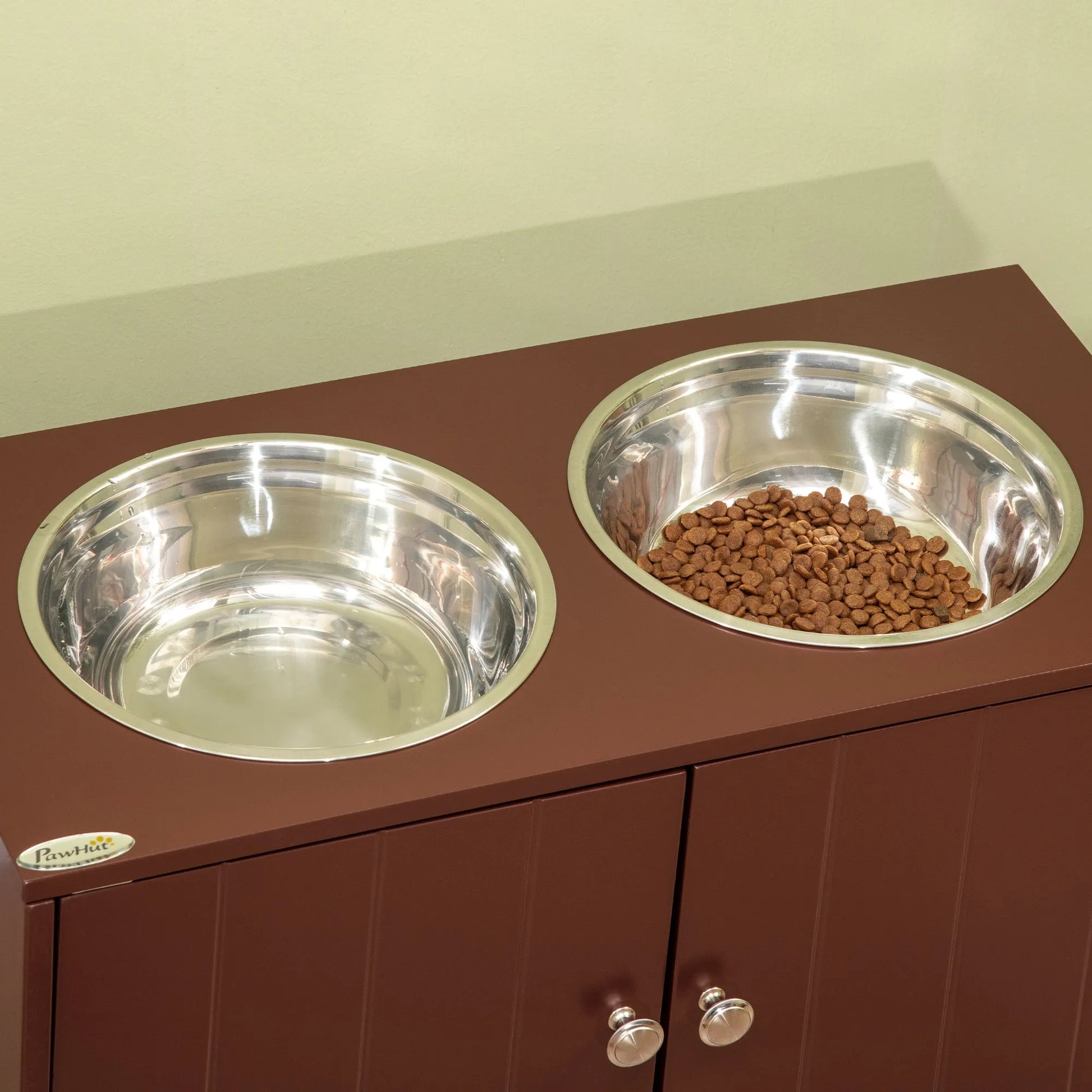 Elevated Dog Bowl Stand with Storage Cabinet by Purrfect Pet Kingdom in brown, large size 705x380x155 mm, perfect for dogs.