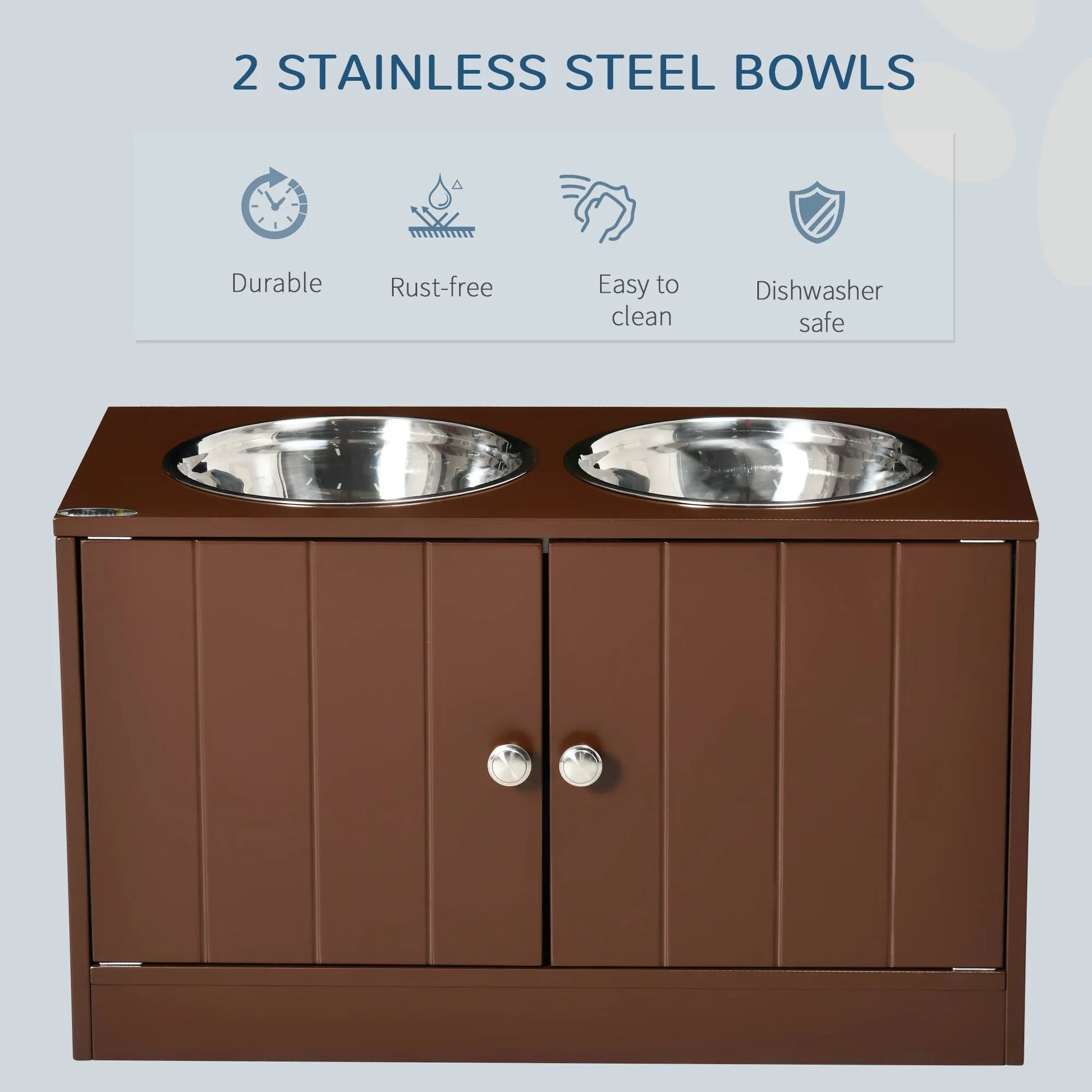 Elevated Dog Bowl Stand with Storage Cabinet by Purrfect Pet Kingdom in brown, large size 705x380x155 mm, perfect for dogs.